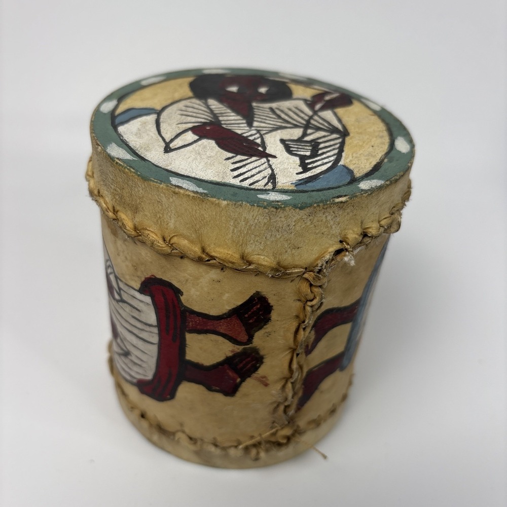 Traditional Ethiopian Hand Painted Leather‎ Drum Hand Stitched 5"x4" Pre-owned